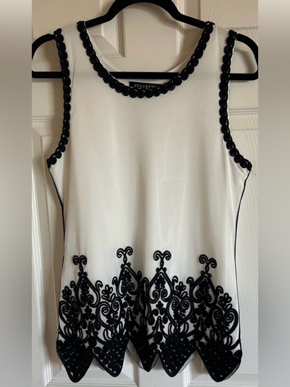 Juliette Embellished with beautiful detailed black embroidery White Tank Top